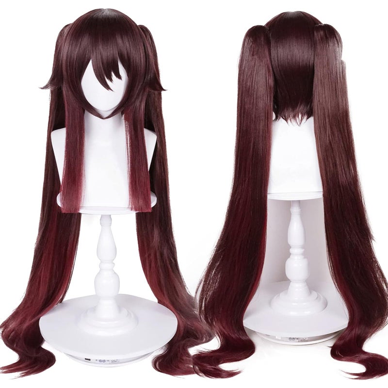 Half and Half Hu Tao Wig Long Brown Hu Tao Cosplay Wigs + Elf Ears + Hairnet  Women Girls Hutao Heat Synthetic Hair with Double Ponytails for Halloween Party Role Playing (Hutao) - Image 1